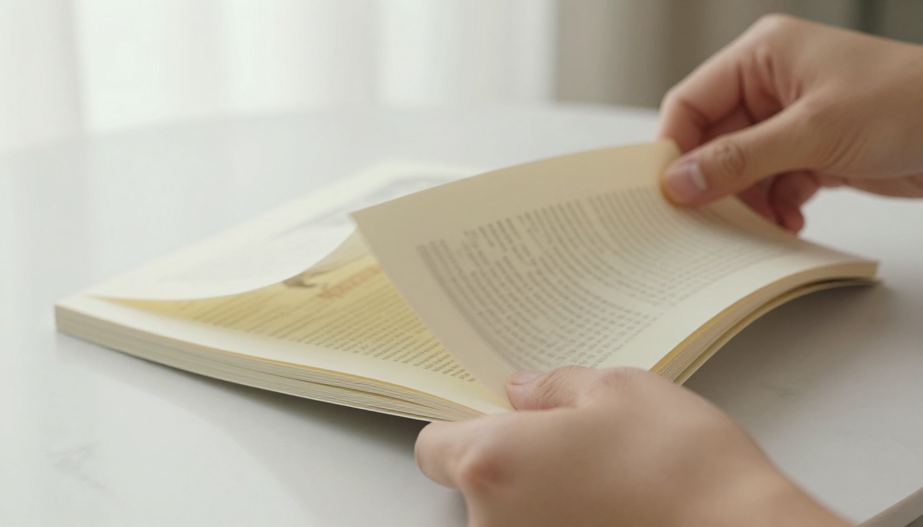 Hands flipping through a printed brochure on a marble table, pages mid-turn with motion blur Hands flipping through a printed brochure on a marble table, pages mid-turn with motion blur