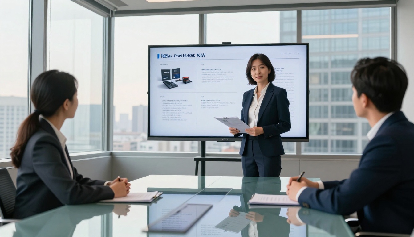 Businesswoman presenting a digital product catalog flipbook in a boardroom setting Businesswoman presenting a digital product catalog flipbook in a boardroom setting