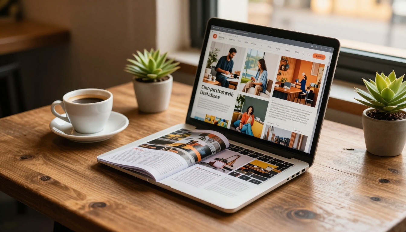 Digital magazine displayed on a laptop in a warm cafe setting Digital magazine displayed on a laptop in a warm cafe setting
