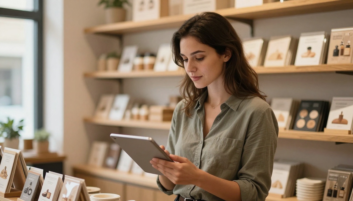Small business owner holding a tablet with a digital product catalog in her boutique store Small business owner holding a tablet with a digital product catalog in her boutique store