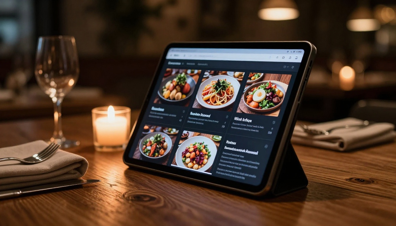 Restaurant digital menu displayed as a flipbook on a tablet by candlelight Restaurant digital menu displayed as a flipbook on a tablet by candlelight