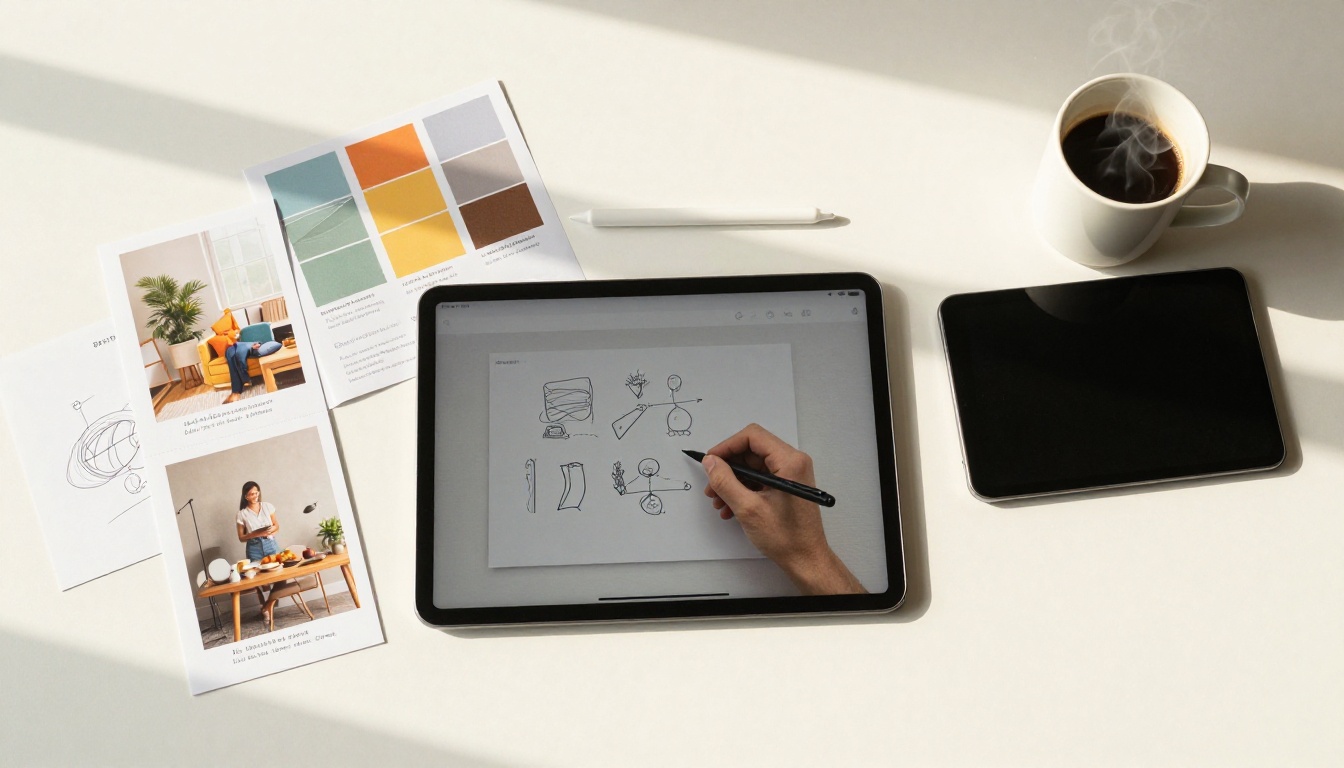 Overhead flat-lay of a creative workspace with brochures, color swatches, stylus, and coffee Overhead flat-lay of a creative workspace with brochures, color swatches, stylus, and coffee