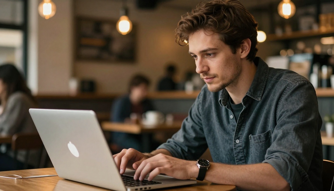 A freelance creative man reviewing his digital portfolio on a laptop in a warm coffee shop A freelance creative man reviewing his digital portfolio on a laptop in a warm coffee shop