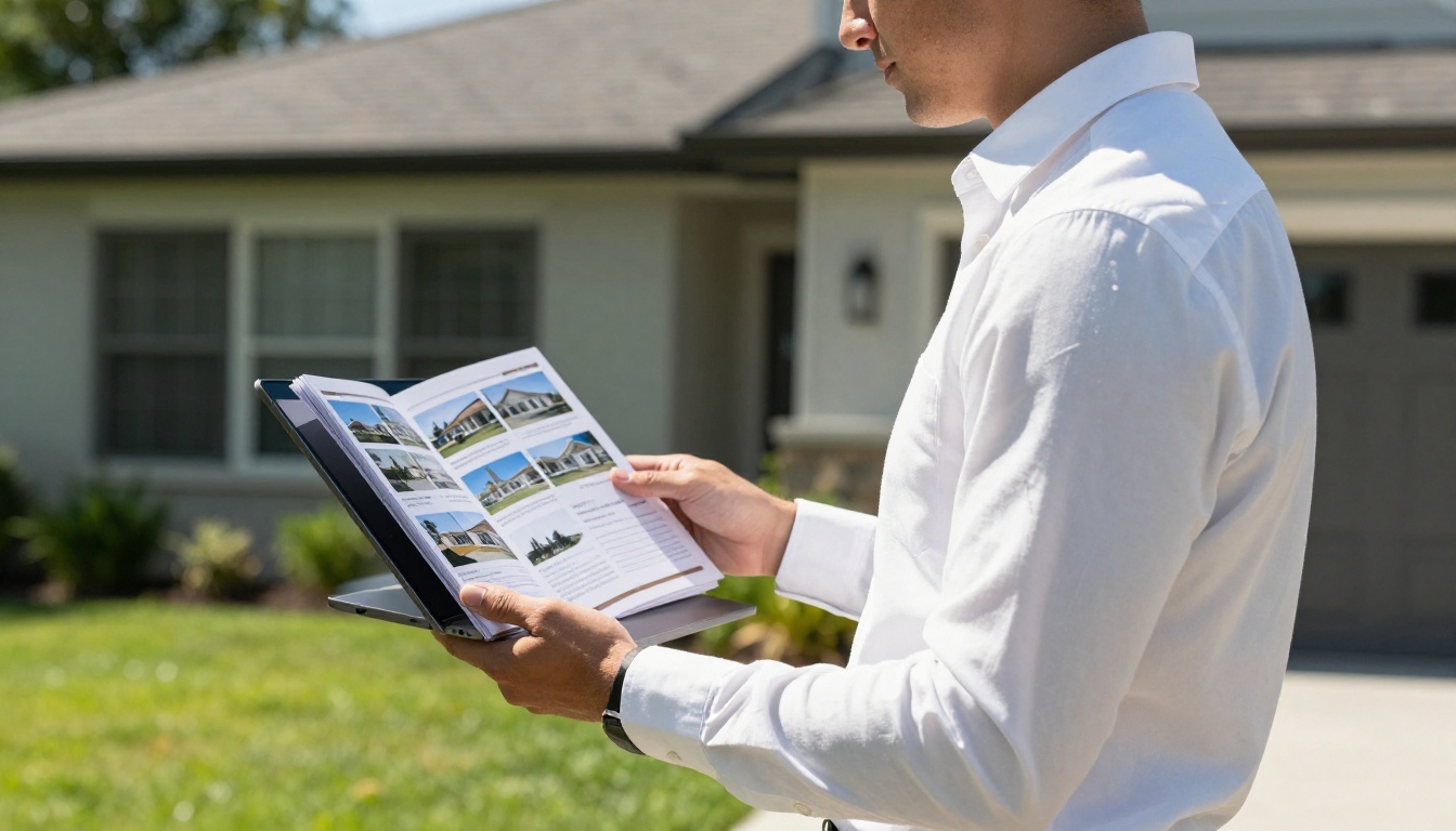 Real estate agent showing a digital property brochure flipbook on a laptop outside a home Real estate agent showing a digital property brochure flipbook on a laptop outside a home