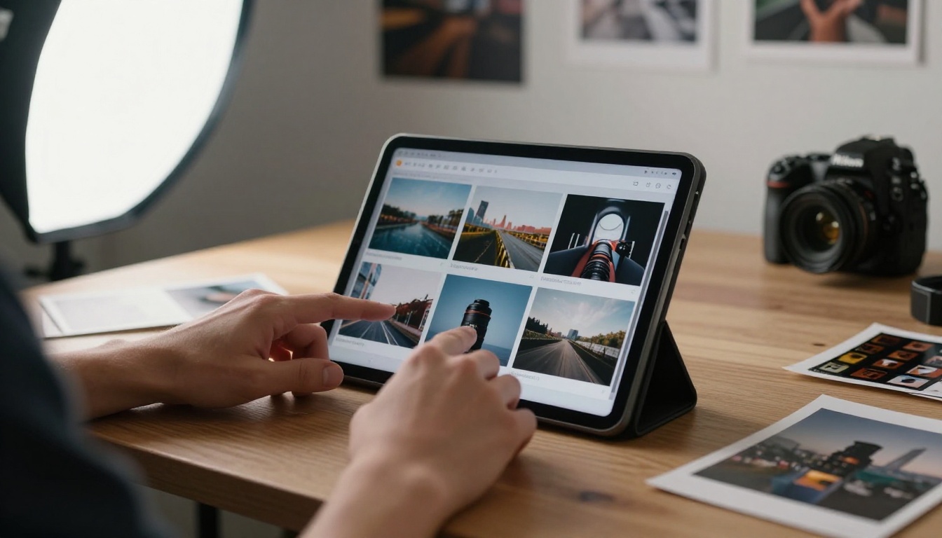 Photographer reviewing a digital portfolio flipbook on a large tablet in a professional studio Photographer reviewing a digital portfolio flipbook on a large tablet in a professional studio