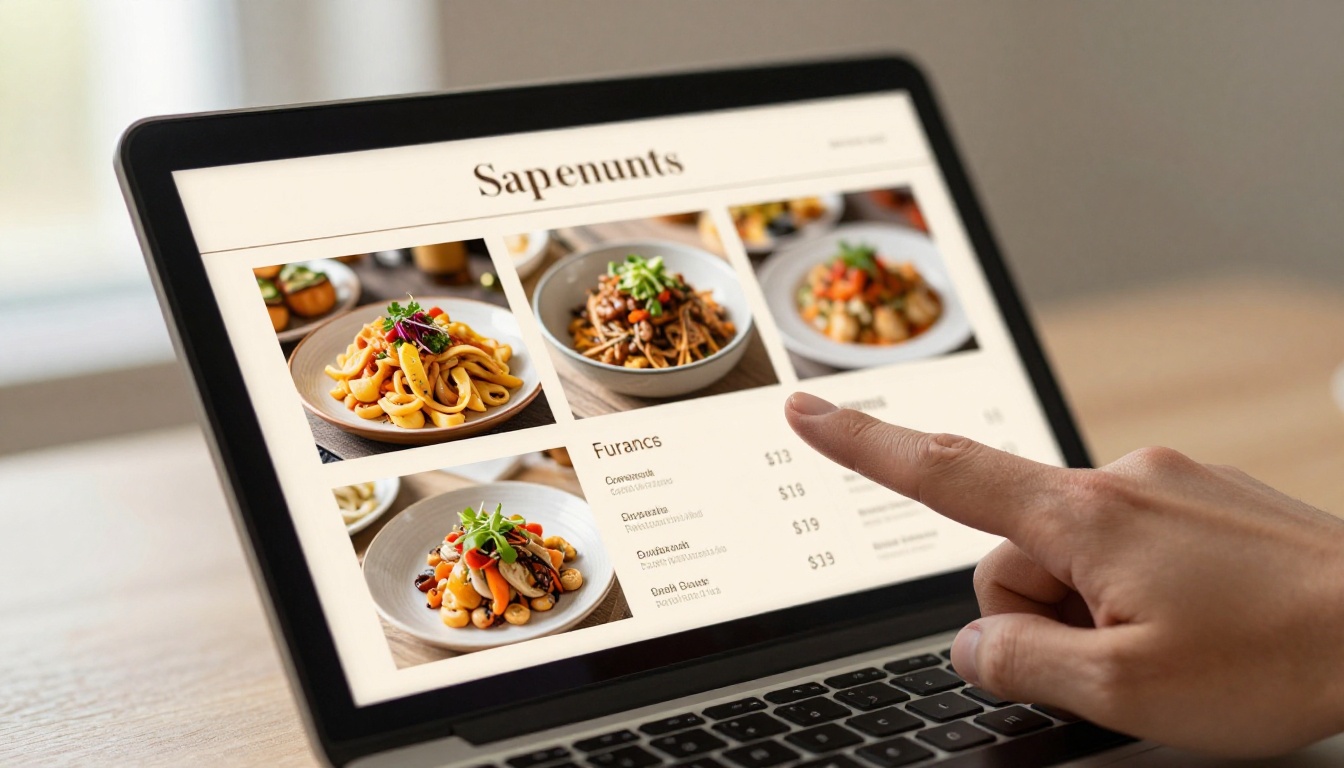 A person's finger pointing at an interactive digital restaurant menu displayed on a laptop A person's finger pointing at an interactive digital restaurant menu displayed on a laptop
