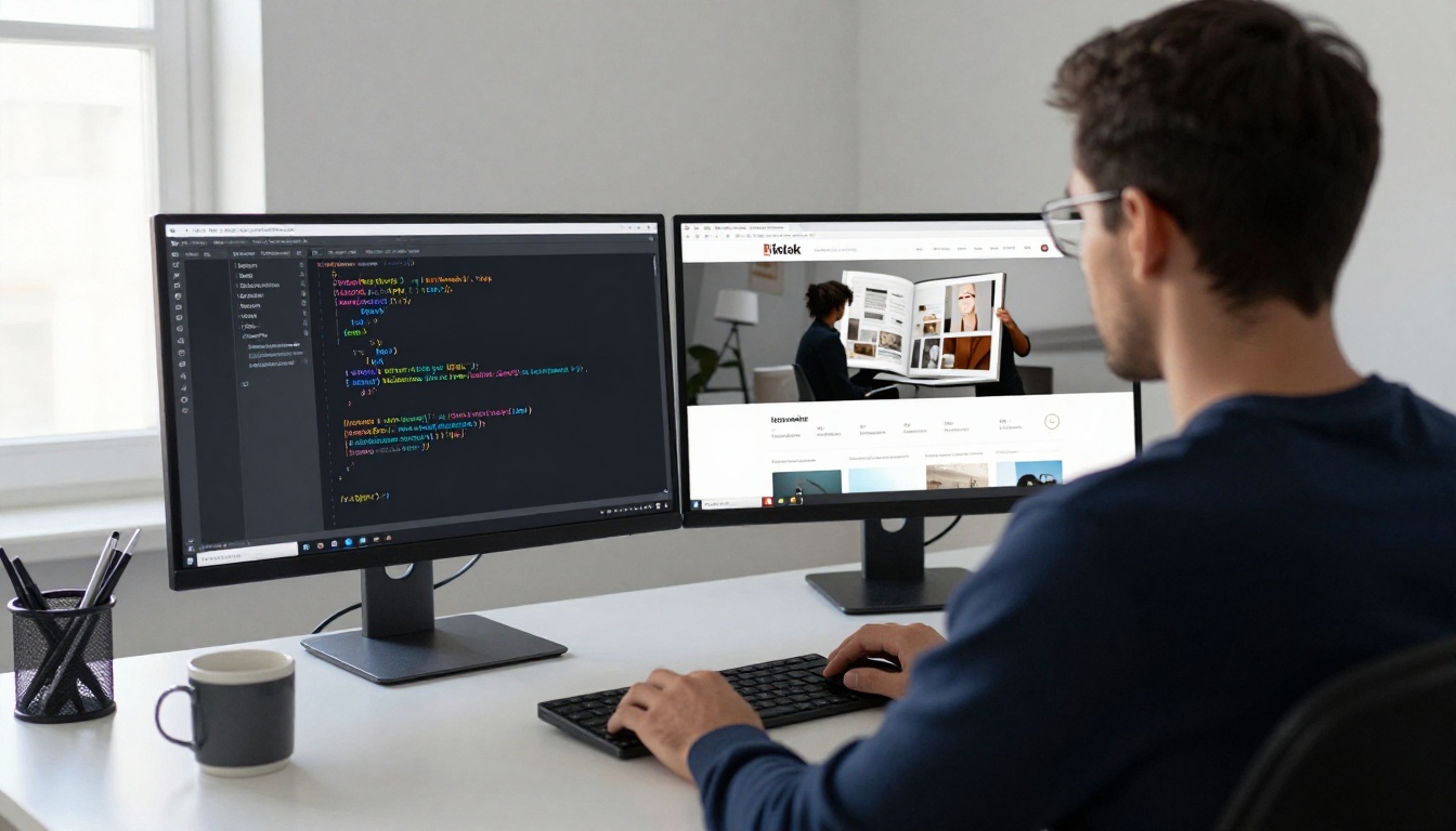 Web developer embedding a flipbook into a website using an HTML code snippet on dual monitors Web developer embedding a flipbook into a website using an HTML code snippet on dual monitors