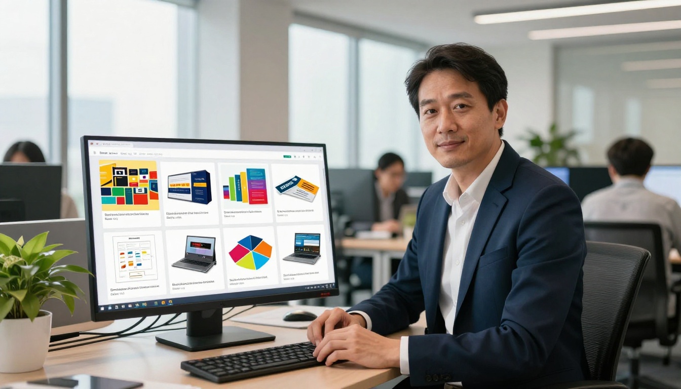 Business professional presenting a colorful digital catalog flipbook on a large monitor in a bright modern office, colleagues blurred in background Business professional presenting a colorful digital catalog flipbook on a large monitor in a bright modern office, colleagues blurred in background