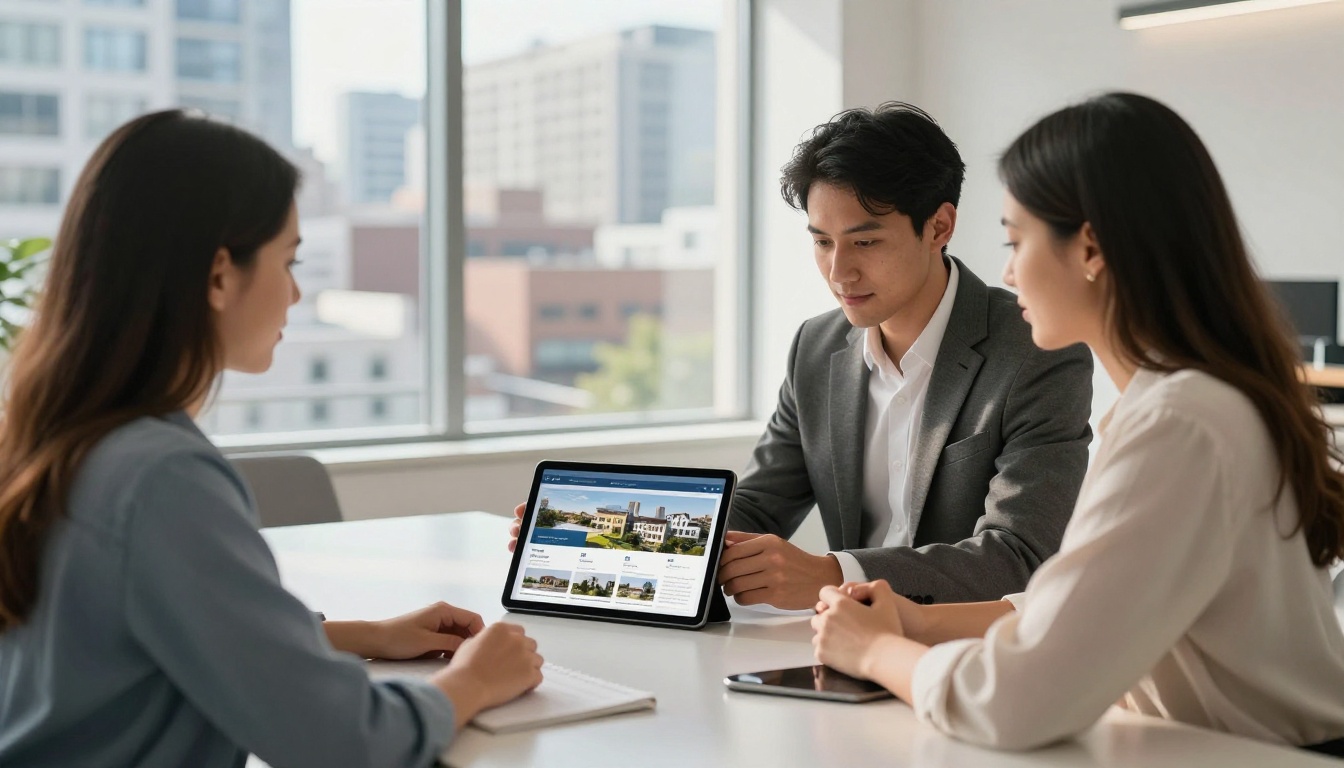 A real estate agent presenting a digital property brochure on a tablet to a young couple in a bright office A real estate agent presenting a digital property brochure on a tablet to a young couple in a bright office