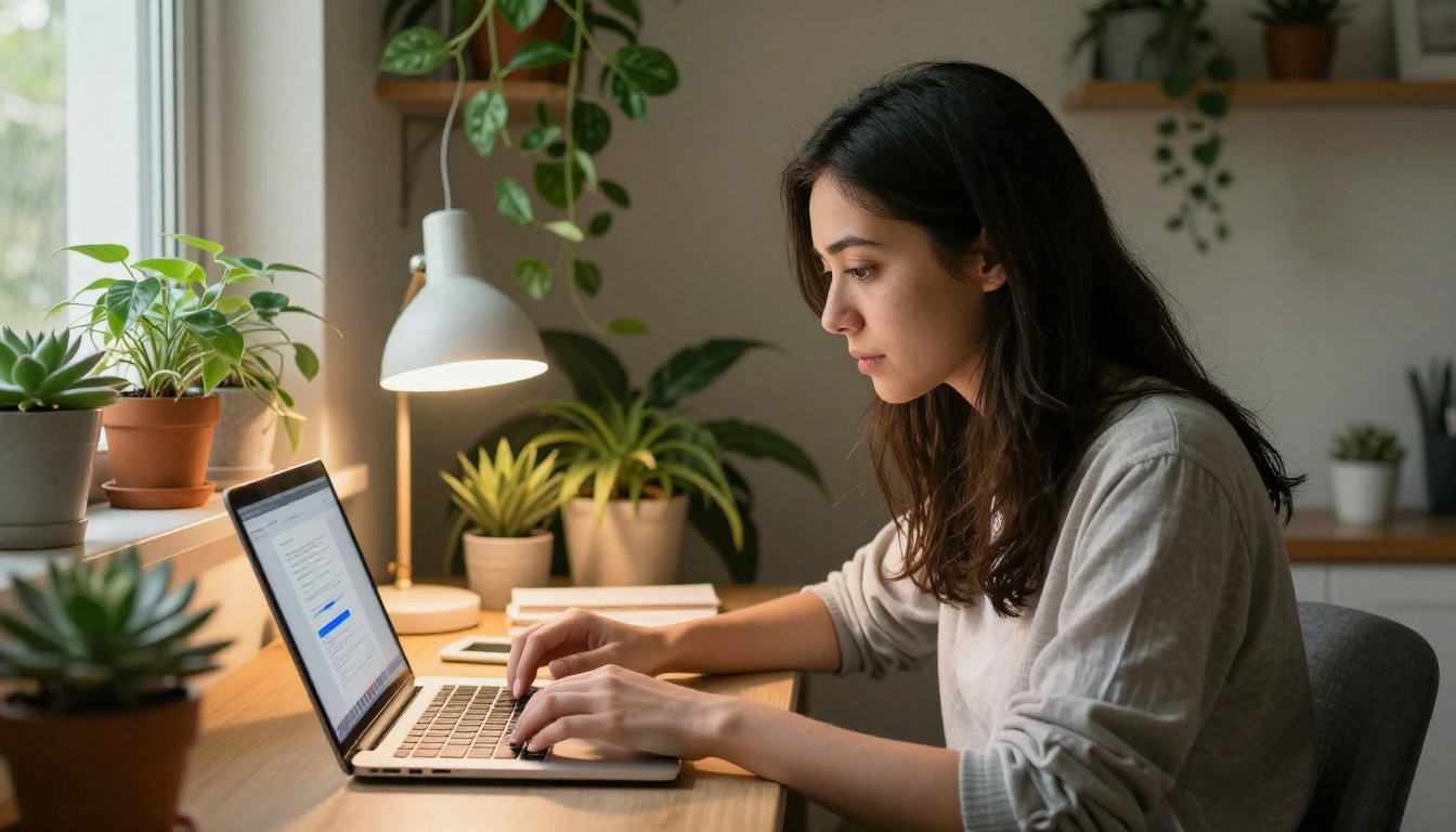 A young woman uploading a PDF on her laptop at a cozy home desk surrounded by green plants A young woman uploading a PDF on her laptop at a cozy home desk surrounded by green plants