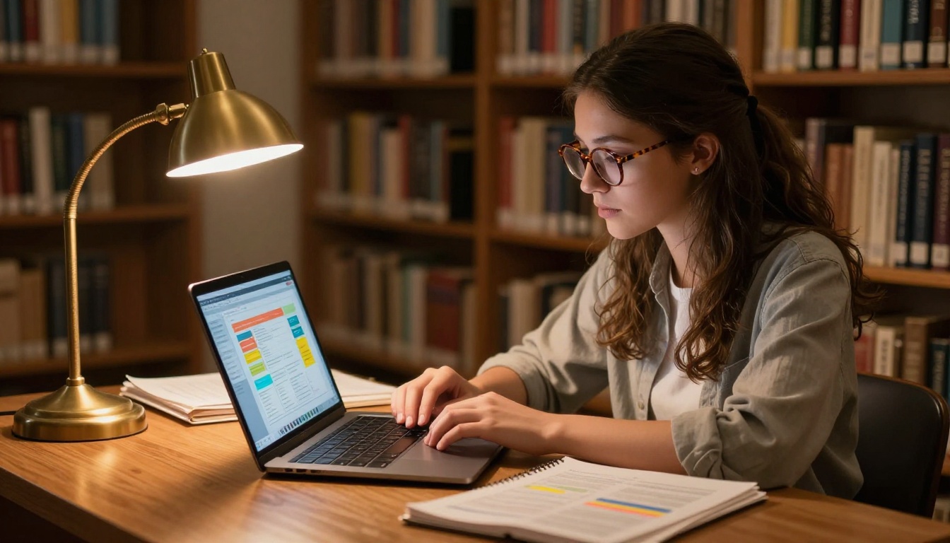 Young student with glasses at a wide library desk creating educational flipbook content on a laptop, warm amber desk lamp lighting Young student with glasses at a wide library desk creating educational flipbook content on a laptop, warm amber desk lamp lighting