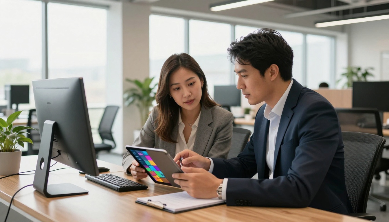 Two business colleagues reviewing a digital catalog on a tablet at a modern office desk Two business colleagues reviewing a digital catalog on a tablet at a modern office desk
