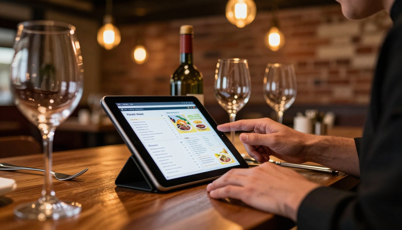 Restaurant owner in chef whites reviewing a digital menu flipbook on a tablet at a bistro table, warm Edison bulb bokeh in background Restaurant owner in chef whites reviewing a digital menu flipbook on a tablet at a bistro table, warm Edison bulb bokeh in background