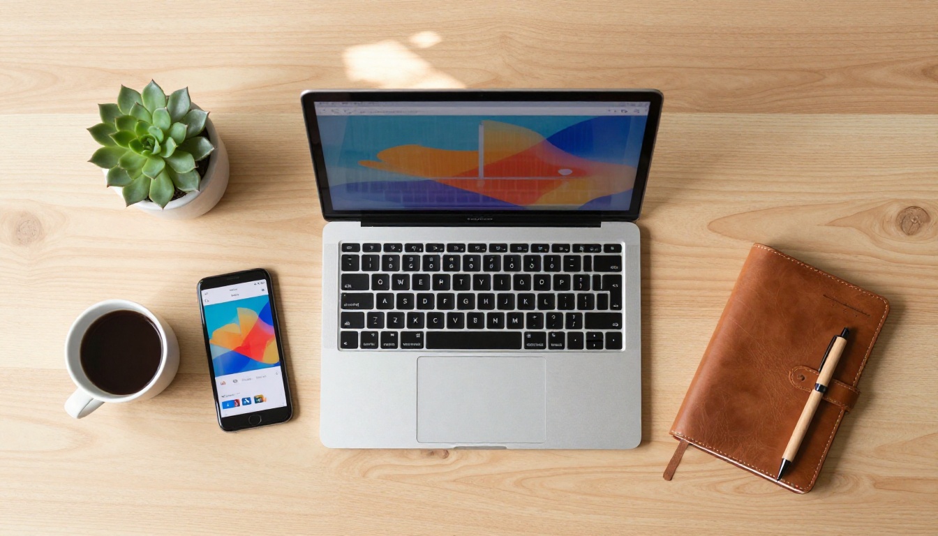 Aerial overhead flat-lay of a minimal light oak desk with laptop showing flipbook interface, smartphone, notebook, succulent plant, and coffee mug Aerial overhead flat-lay of a minimal light oak desk with laptop showing flipbook interface, smartphone, notebook, succulent plant, and coffee mug