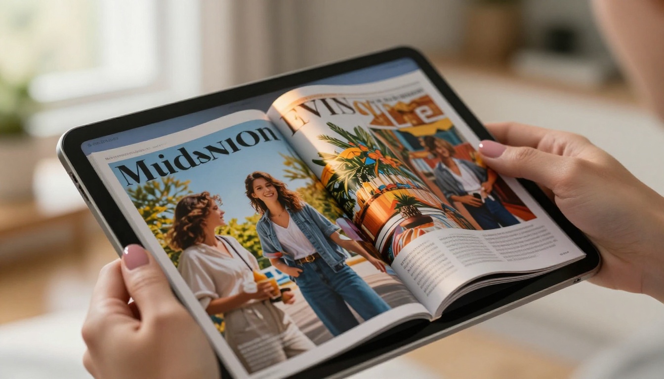Macro close-up of a tablet screen showing glossy magazine-style flipbook pages mid-turn, warm afternoon light, razor-thin depth of field Macro close-up of a tablet screen showing glossy magazine-style flipbook pages mid-turn, warm afternoon light, razor-thin depth of field