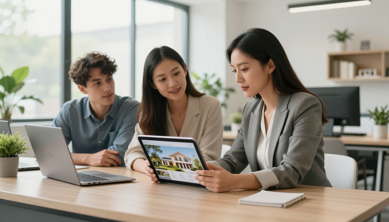 Professional female real estate agent showing a property brochure flipbook on tablet to a young couple across a modern desk, natural daylight, warm tones Professional female real estate agent showing a property brochure flipbook on tablet to a young couple across a modern desk, natural daylight, warm tones