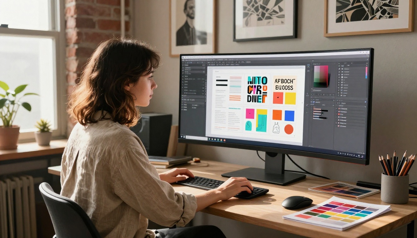 Creative designer at a large curved ultrawide monitor in a stylish studio, flipbook design interface on screen, warm skylight from above Creative designer at a large curved ultrawide monitor in a stylish studio, flipbook design interface on screen, warm skylight from above