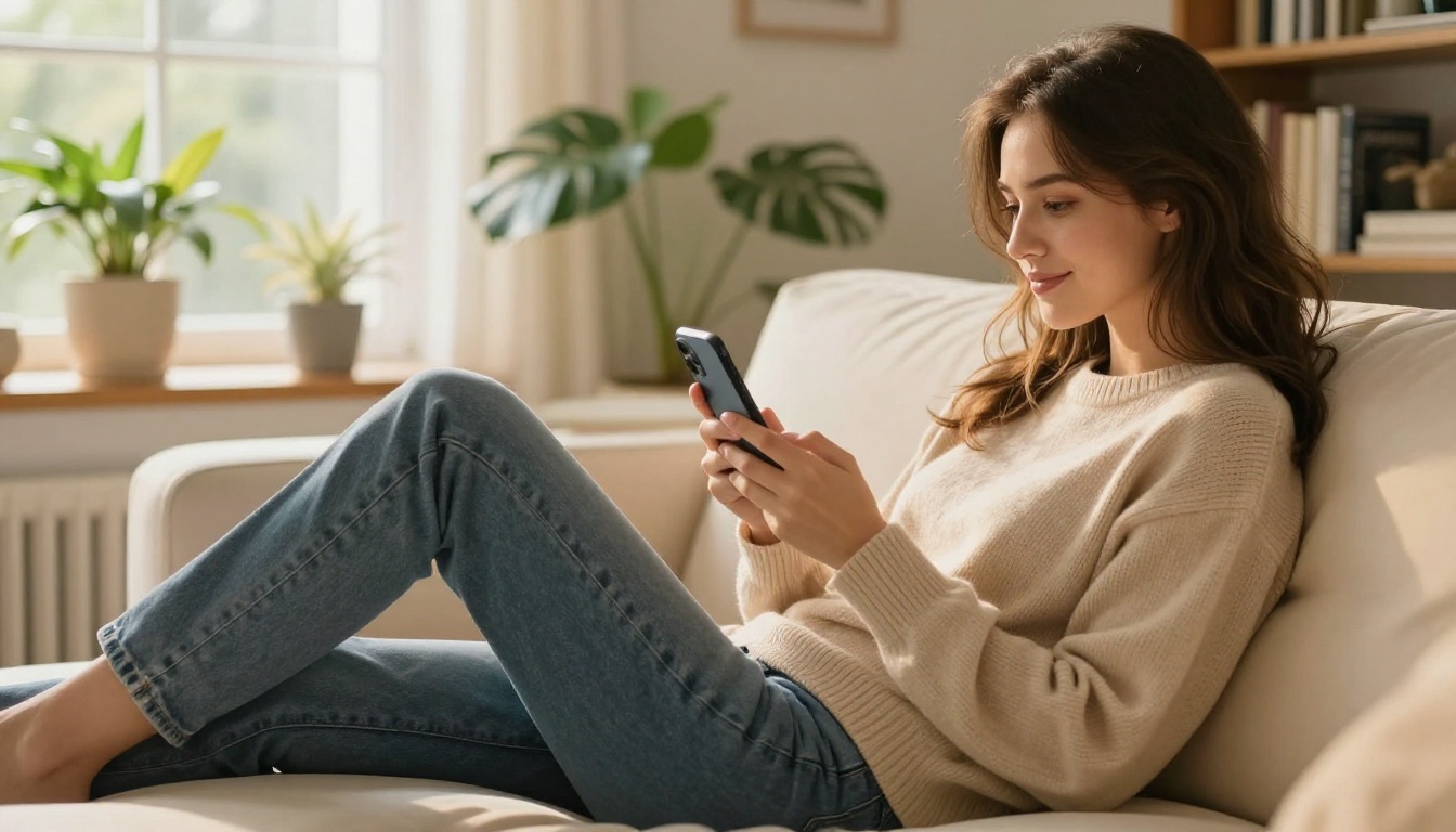 Young woman in a beige knit sweater reclining on a cream sofa scrolling through a flipbook on her smartphone, warm afternoon window light, plants in background Young woman in a beige knit sweater reclining on a cream sofa scrolling through a flipbook on her smartphone, warm afternoon window light, plants in background
