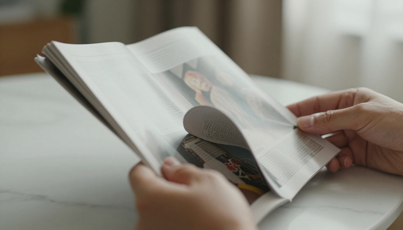 Hands holding a magazine with pages mid-flip, natural page curl caught in motion, warm editorial photography on white marble