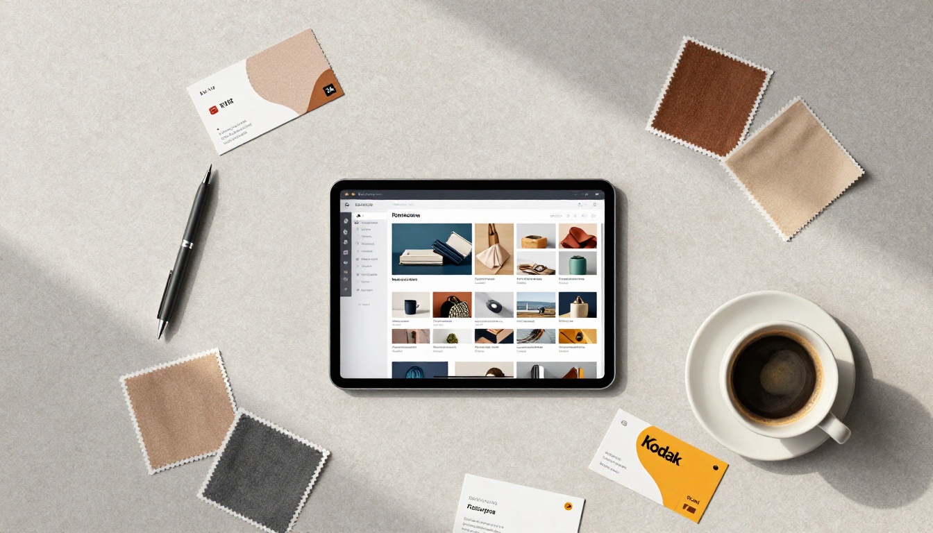 Aerial flat lay of a workspace with a tablet showing a digital catalog, fabric swatches, coffee, and business cards on a warm gray surface