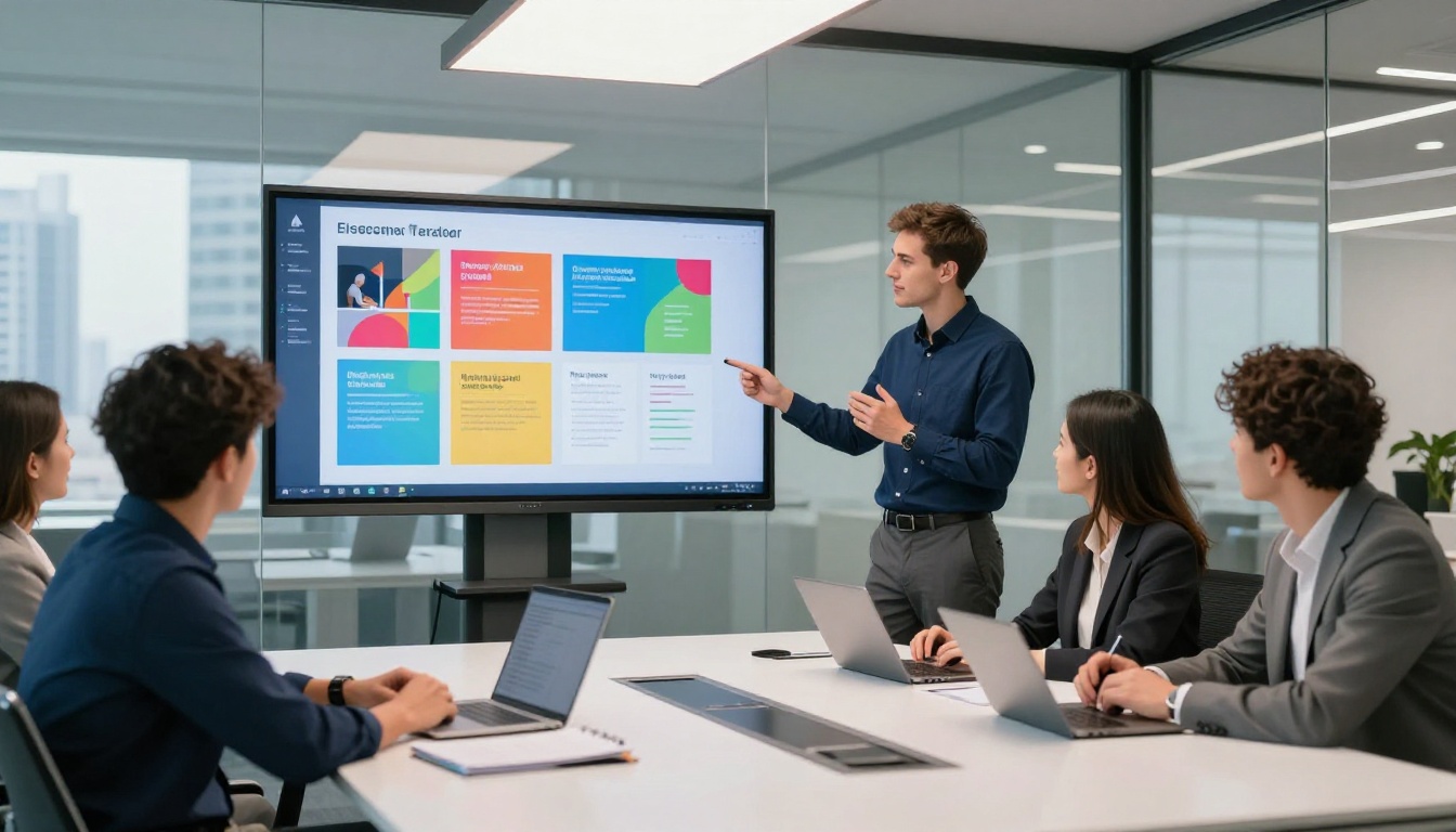 A young professional presents a digital brochure on a large screen to three colleagues around a modern conference table