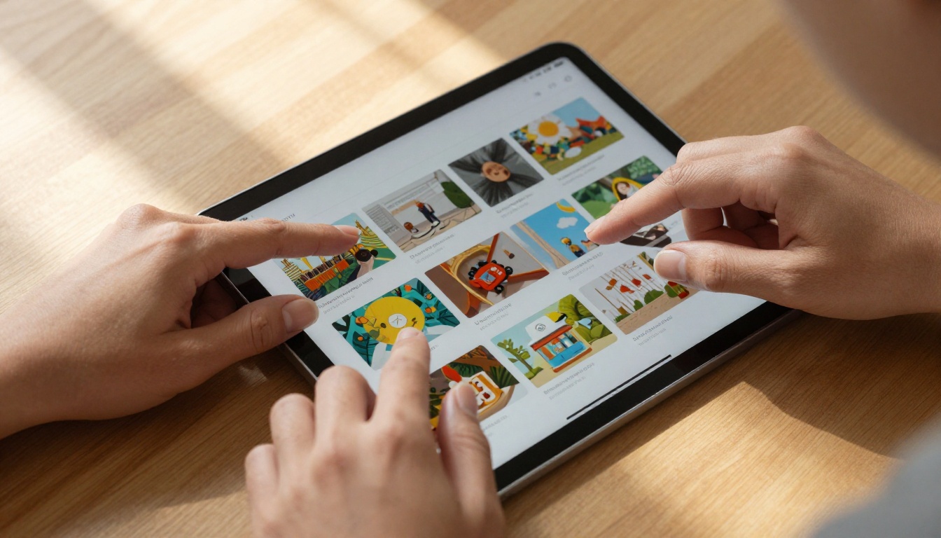 Hands scrolling through a digital flipbook on a tablet in warm natural light