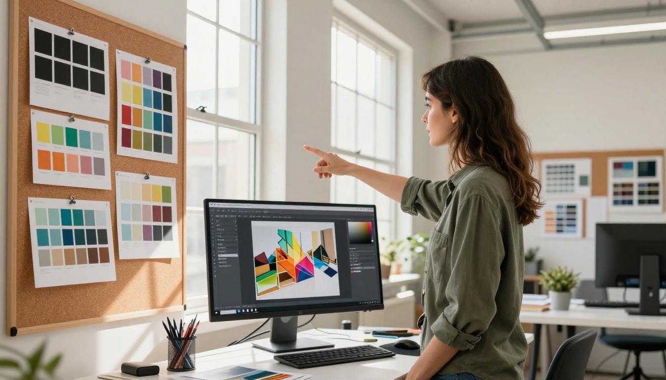 A graphic designer stands in a bright creative studio pointing at color swatches while a digital flipbook displays on her monitor