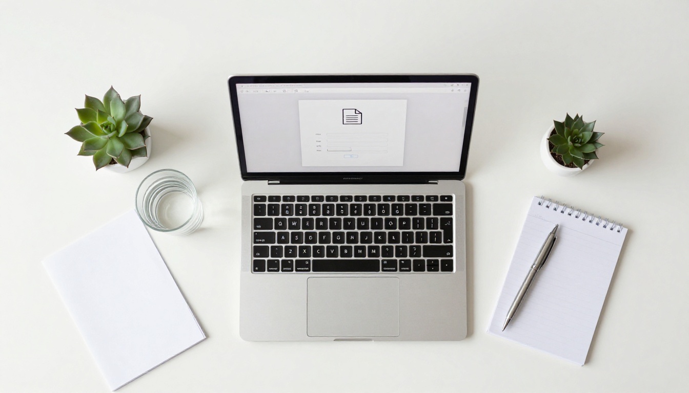 Aerial overhead shot of a minimalist desk with a laptop showing a PDF upload interface