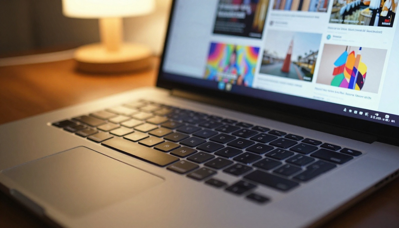 Close-up of a laptop keyboard with a digital flipbook interface visible on screen, warm desk lamp and cool daylight mixing