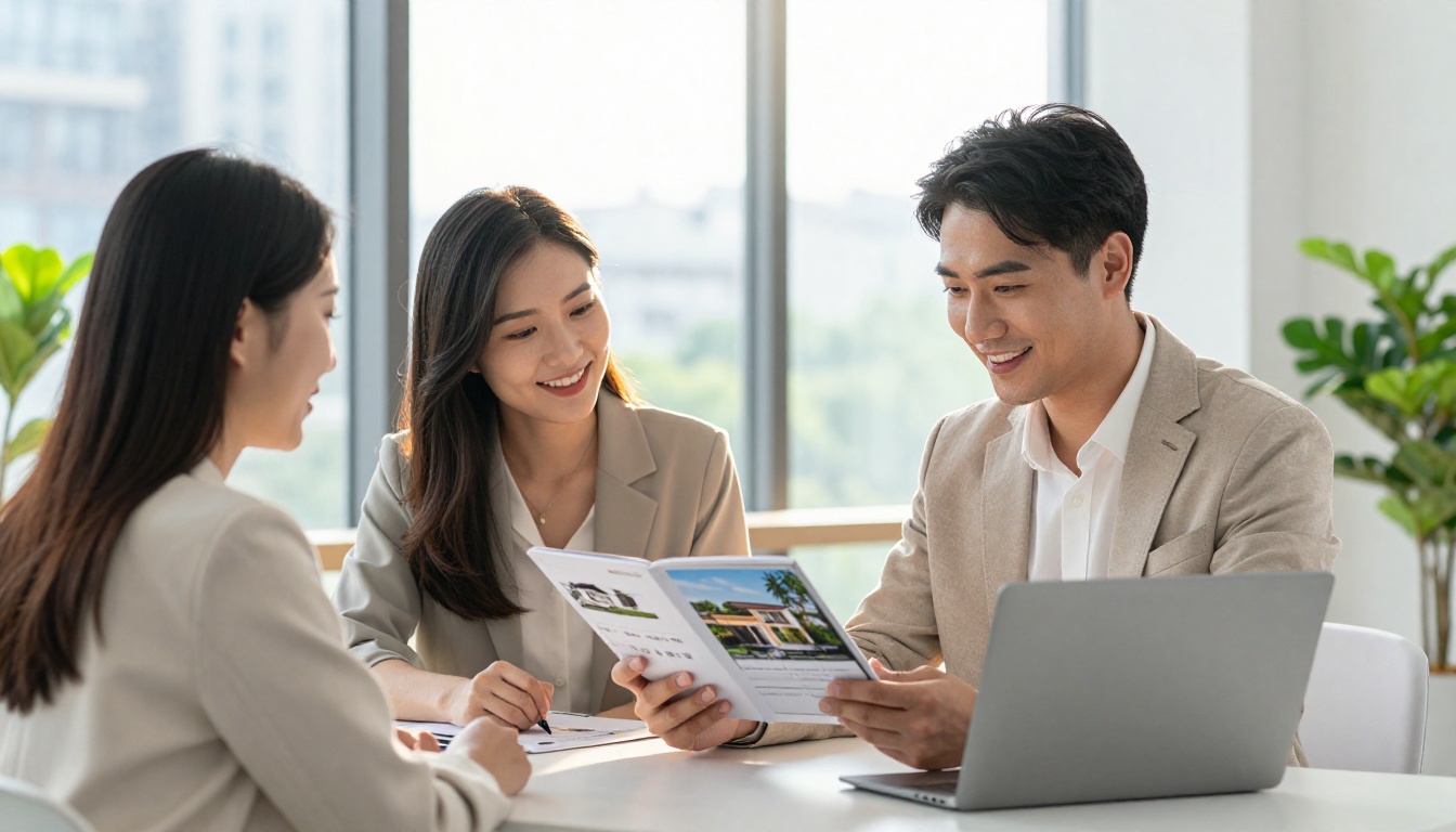 A confident real estate agent shows a property flipbook on an iPad to a smiling couple in a bright modern office