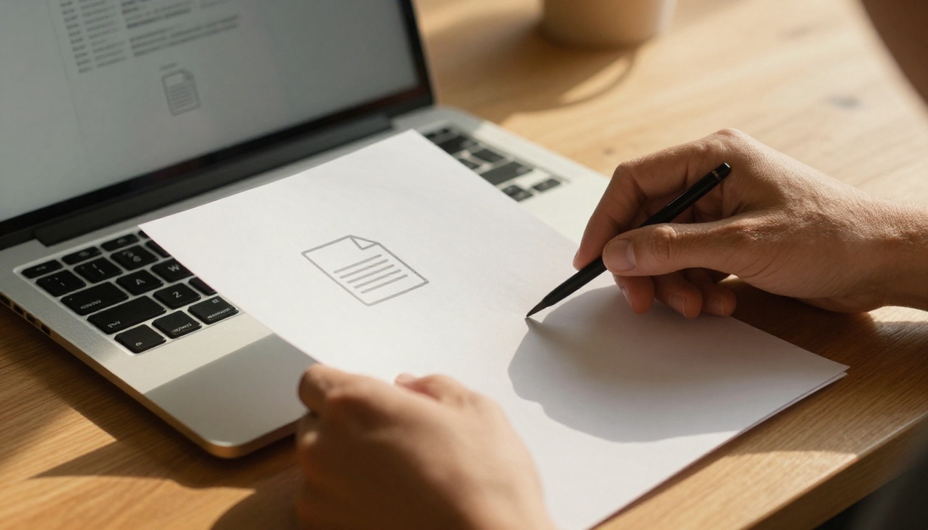 Close-up of hands dragging a printed document toward a laptop showing a drag-and-drop upload zone