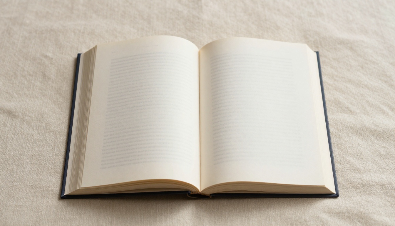 Overhead shot of an open book with pages naturally fanned and curved on a soft cream linen surface