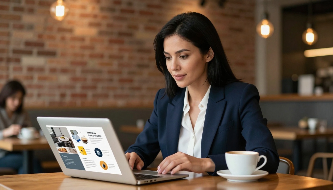 Small business owner reviewing a digital product catalog flipbook on a laptop in a cafe
