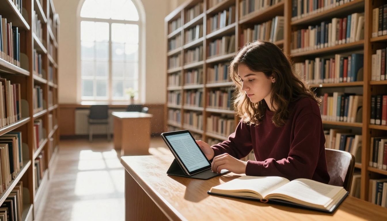 A university student reads a digital flipbook on a tablet in a campus library with warm afternoon sunlight through arched windows