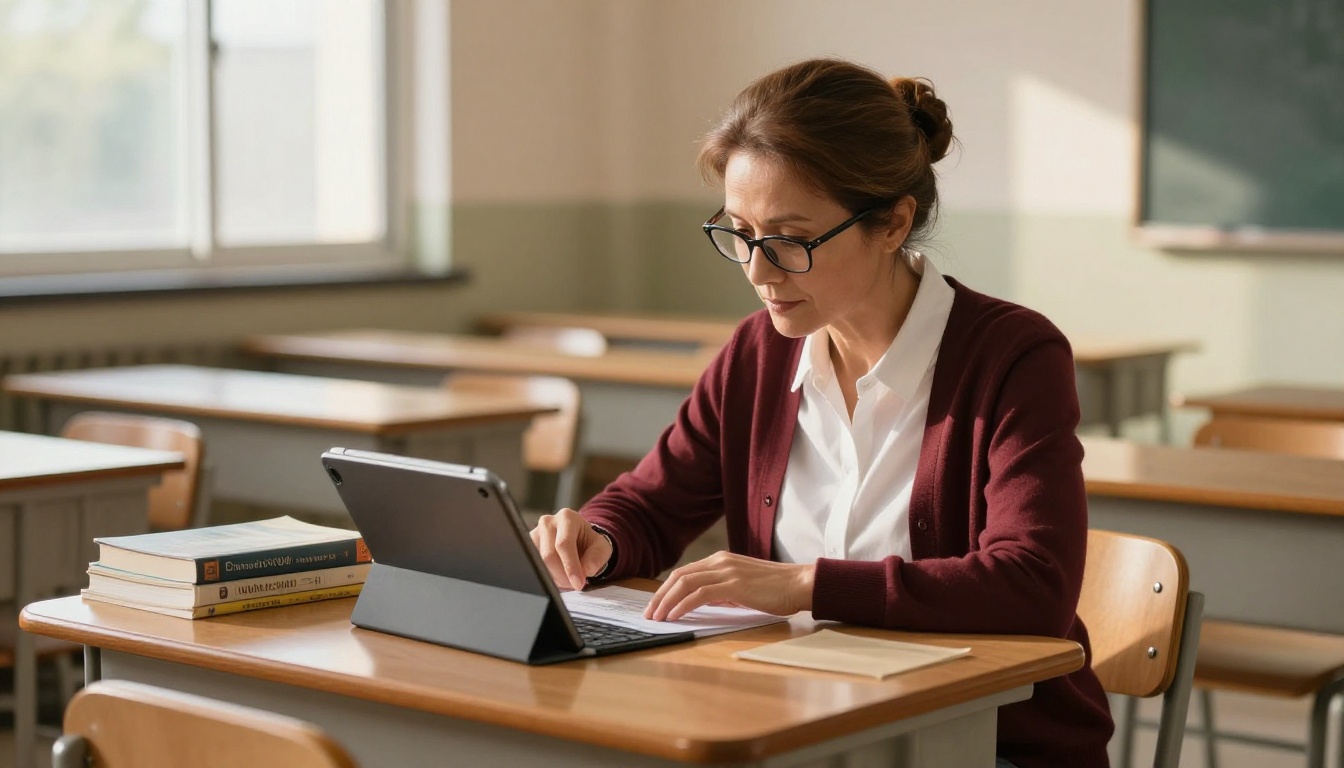 Teacher reviewing educational flipbook content on a tablet at a classroom desk in afternoon light