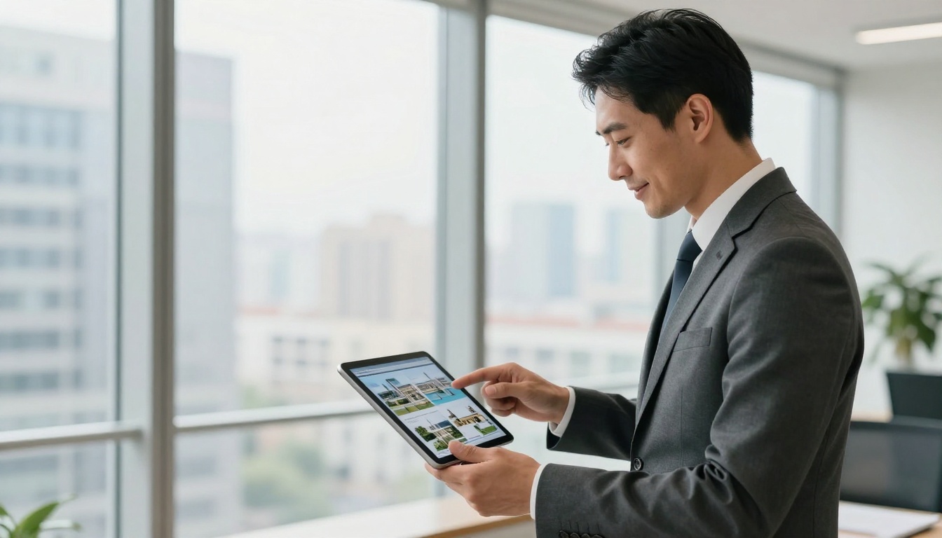 Real estate agent showing a digital property brochure flipbook to clients on a tablet in a bright office