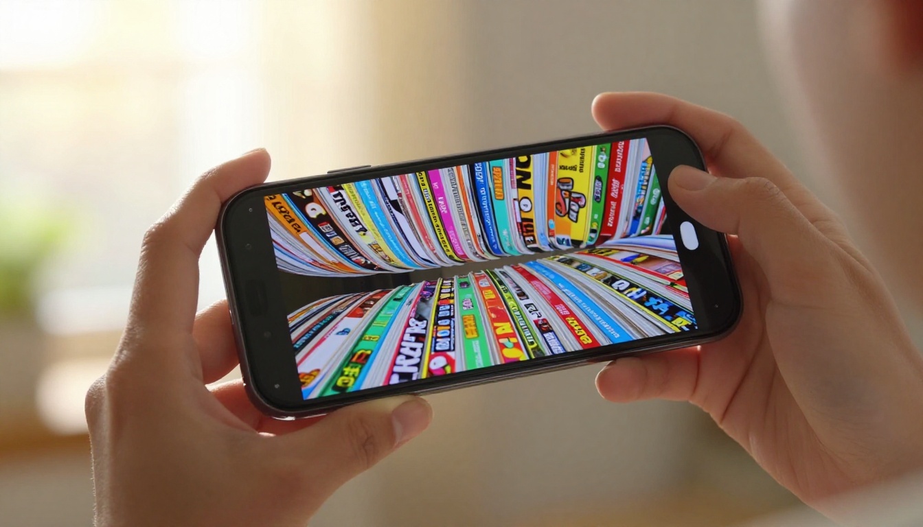 Low-angle dramatic shot of a smartphone displaying a vivid digital flipbook page-turn animation