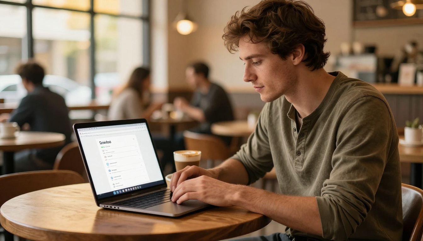 Creative professional at a coffee shop with a laptop displaying flipbook sharing and embed options