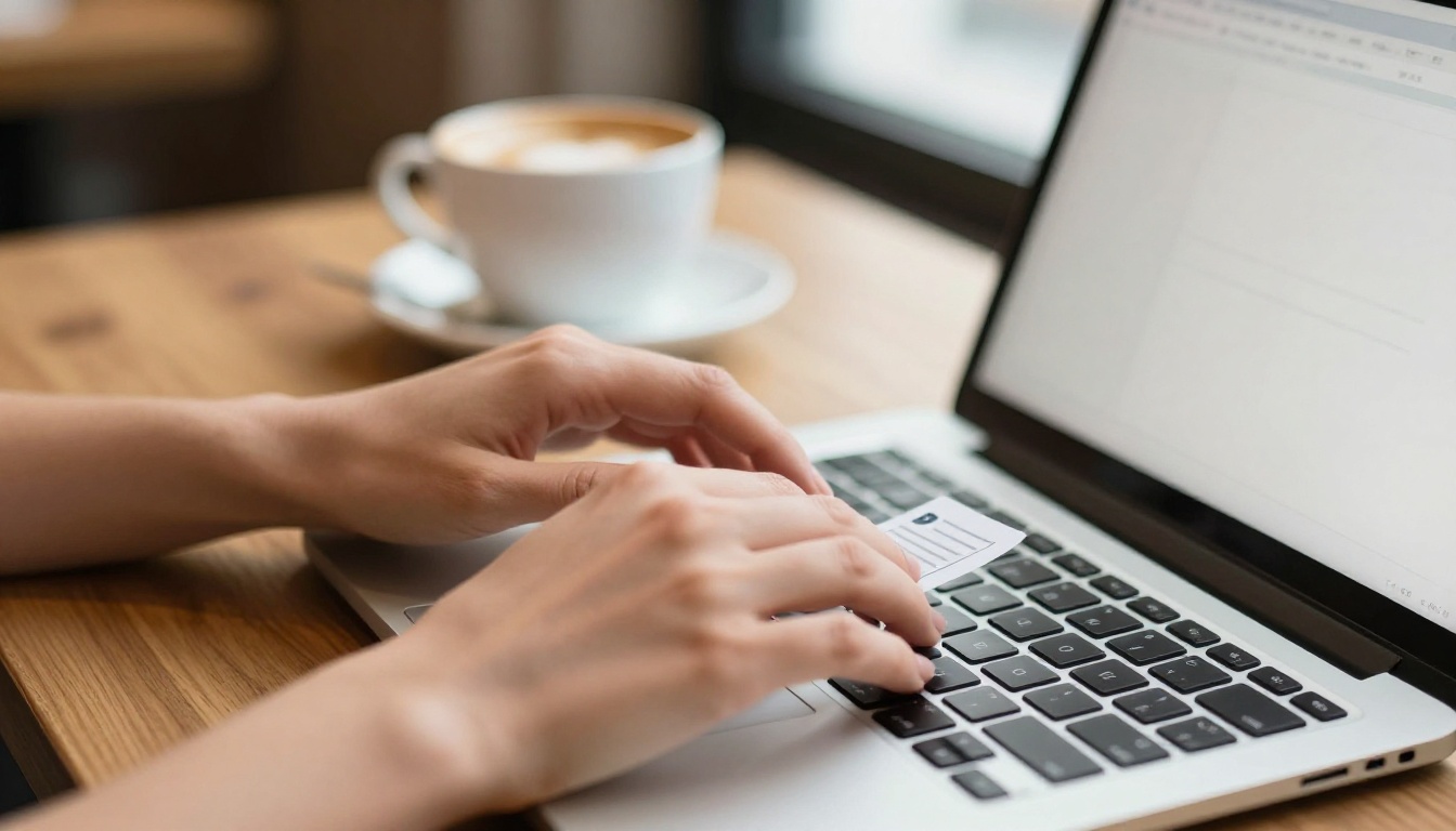 Close-up of hands uploading a PDF document on a laptop at a café table Close-up of hands uploading a PDF document on a laptop at a café table