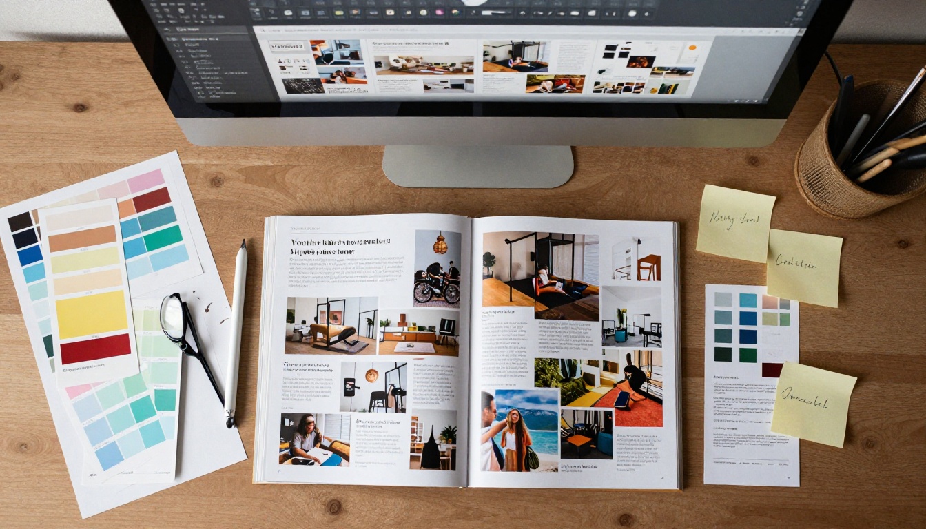 Aerial view of a graphic designer's workspace with a digital magazine spread on a monitor Aerial view of a graphic designer's workspace with a digital magazine spread on a monitor