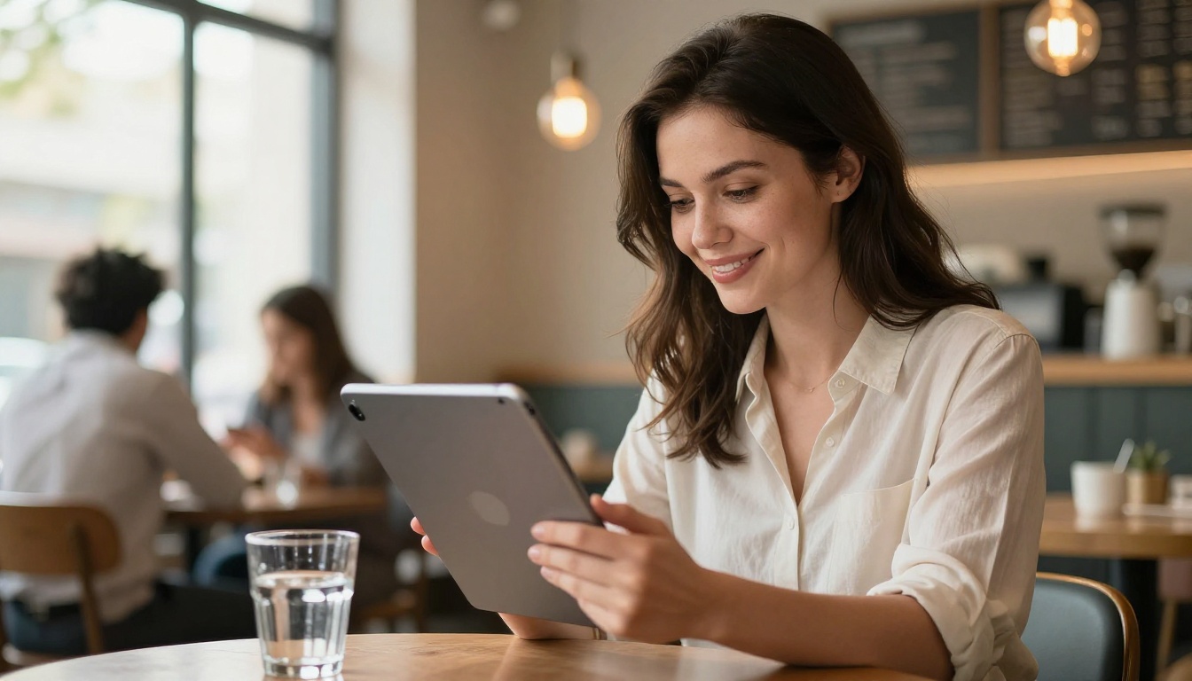 A woman browsing a digital flipbook on a tablet in a sunlit café A woman browsing a digital flipbook on a tablet in a sunlit café