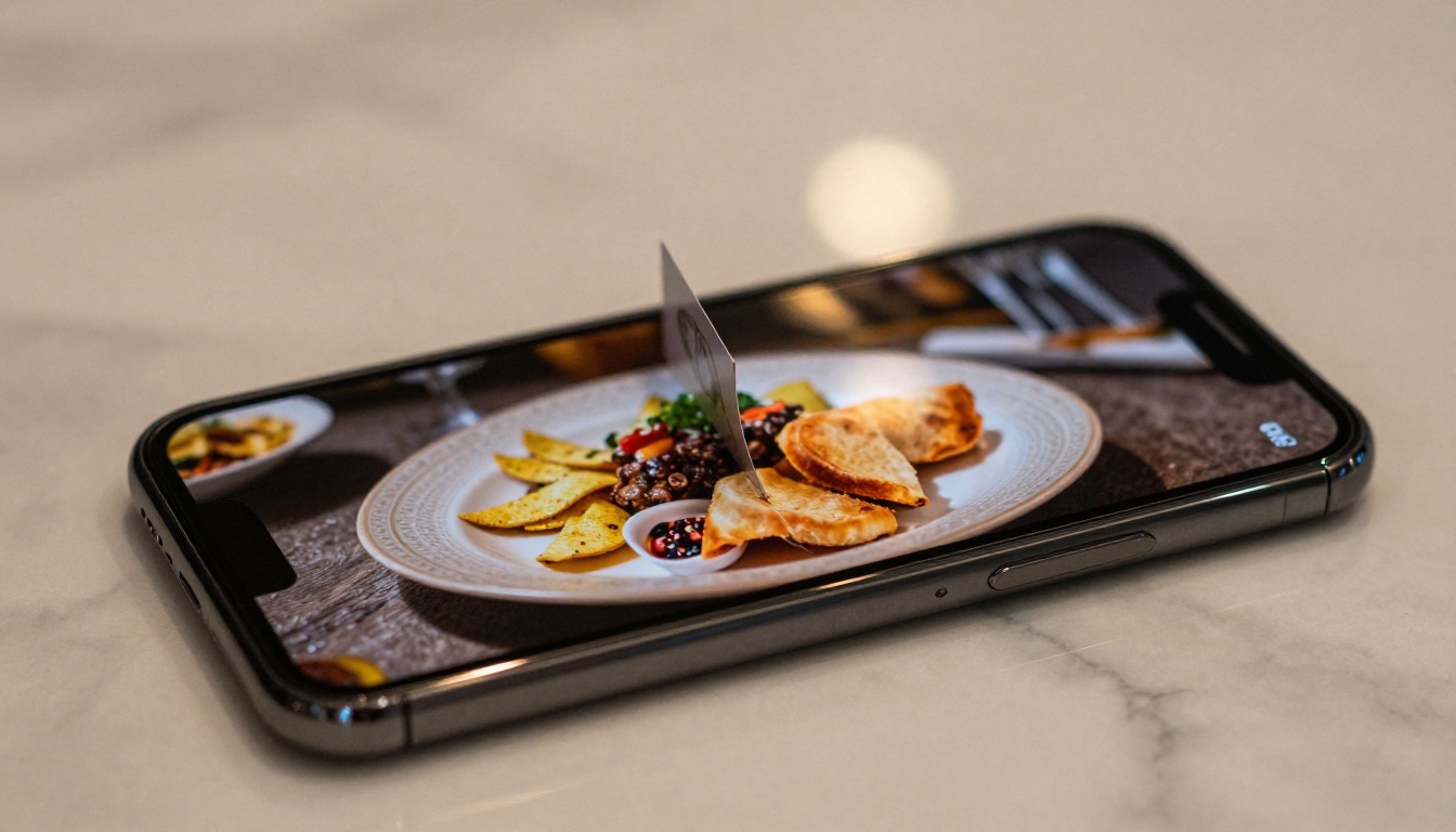 A smartphone on a marble counter displaying a restaurant menu flipbook mid page-turn A smartphone on a marble counter displaying a restaurant menu flipbook mid page-turn