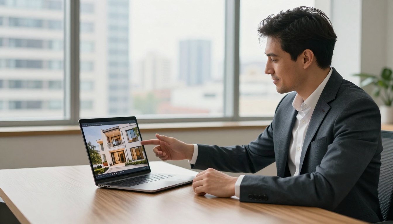 A real estate agent presenting a property flipbook brochure to clients in a bright office A real estate agent presenting a property flipbook brochure to clients in a bright office