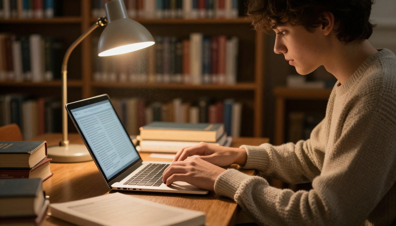 A university student reading a digital e-book flipbook on a laptop under warm desk lamp light in a library A university student reading a digital e-book flipbook on a laptop under warm desk lamp light in a library