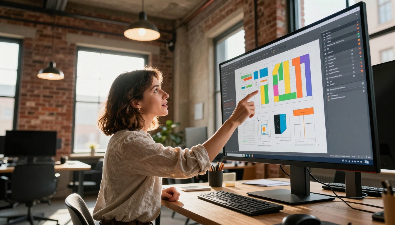 A creative professional presenting a digital portfolio flipbook on a large monitor in a co-working loft space A creative professional presenting a digital portfolio flipbook on a large monitor in a co-working loft space