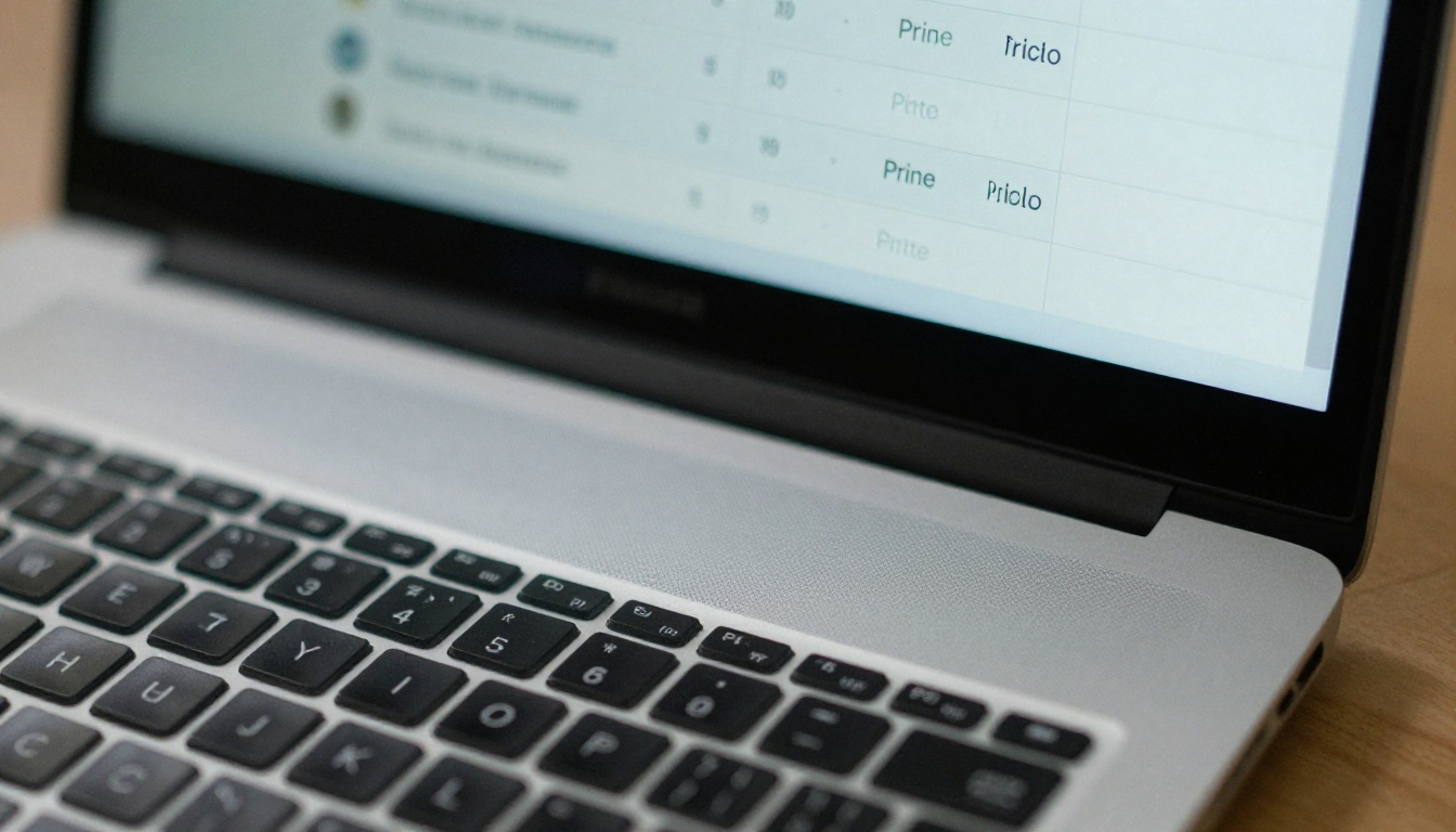 A laptop screen showing a clean pricing comparison table interface with keyboard in foreground A laptop screen showing a clean pricing comparison table interface with keyboard in foreground