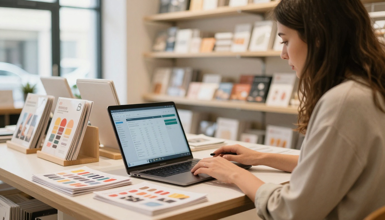 A small business owner reviewing analytics and product catalogs at the counter of a bright retail boutique A small business owner reviewing analytics and product catalogs at the counter of a bright retail boutique