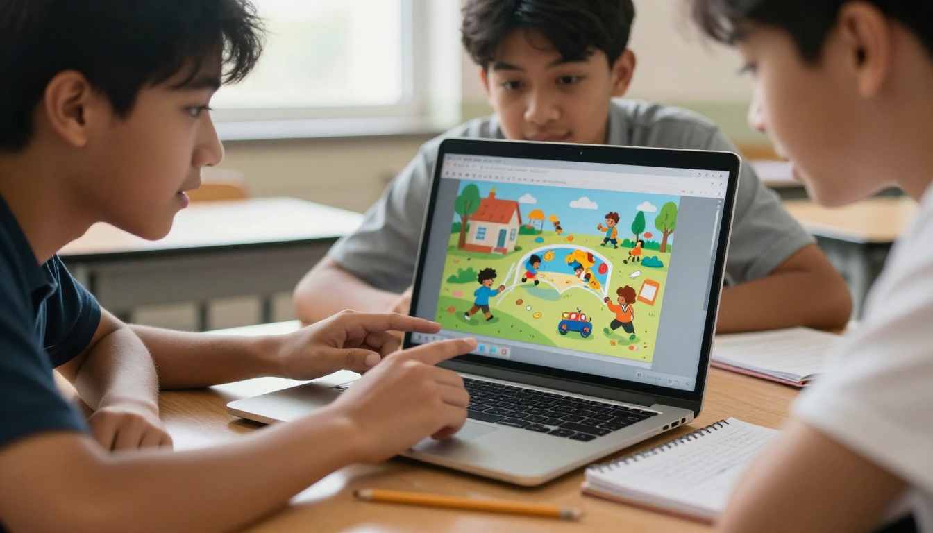 Students collaborating on a digital flipbook at a school desk Students collaborating on a digital flipbook at a school desk