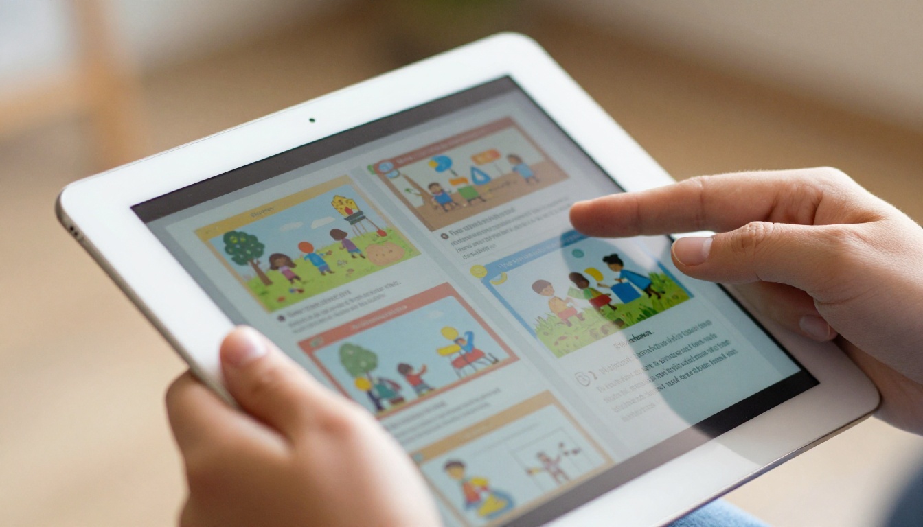 Student holding a tablet with a digital flipbook page mid-turn showing colorful educational content Student holding a tablet with a digital flipbook page mid-turn showing colorful educational content