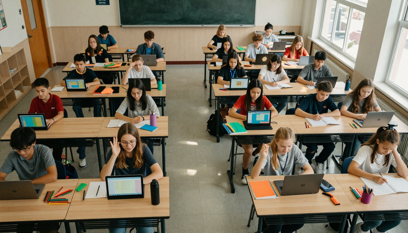 Aerial view of a classroom with students working individually on tablets and laptops Aerial view of a classroom with students working individually on tablets and laptops